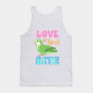 Love at first bite Green Quaker Funny Birb merch Parrot Kawaii Tank Top